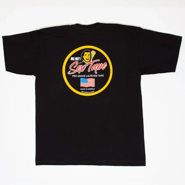 Sex Tape Lacrosse T-Shirt – Black Logo Tee Back Black t-shirt featuring Uncle Nicky’s Sex Tape logo in red and white on the back