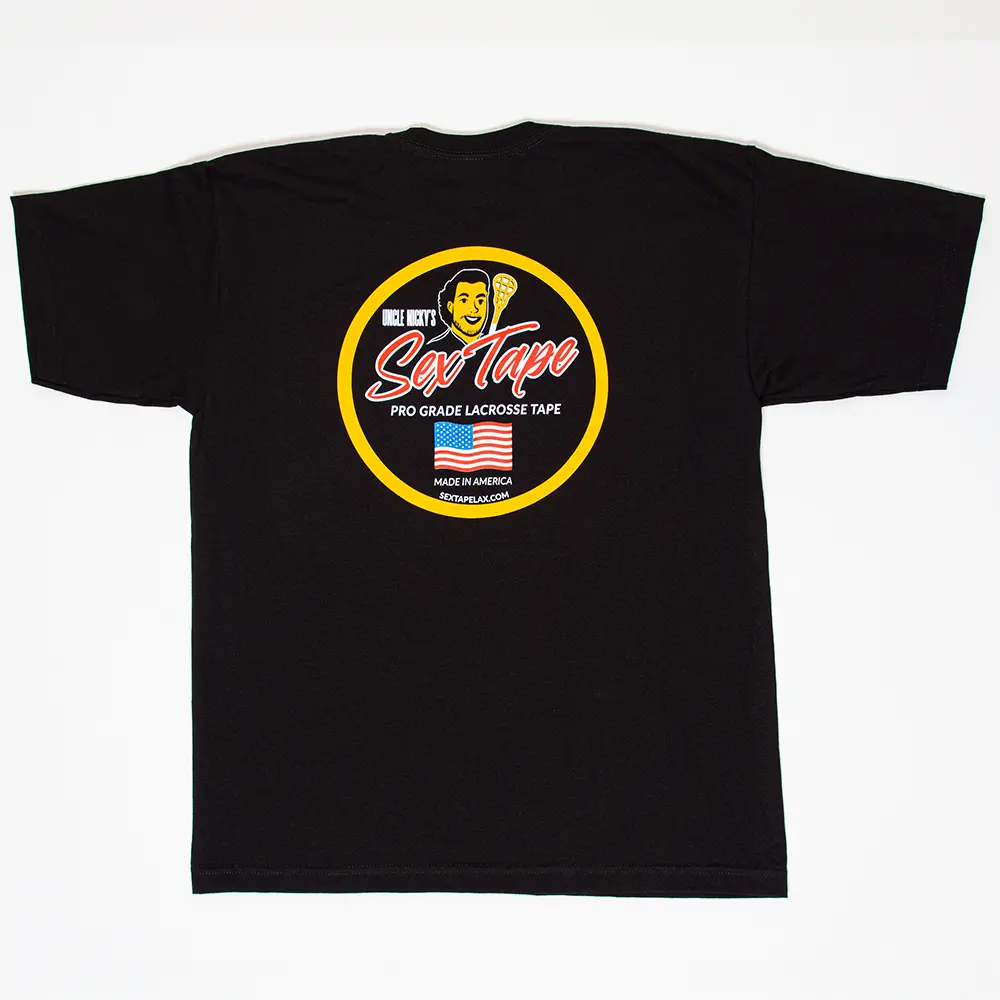 Black t-shirt featuring Uncle Nicky’s Sex Tape logo in red and white on the back