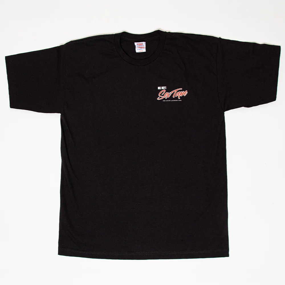 Black t-shirt featuring Uncle Nicky’s Sex Tape logo in red and white on the front chest