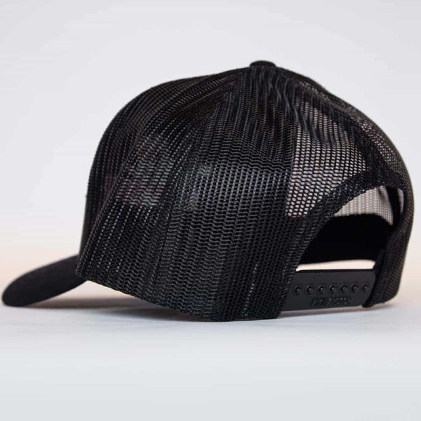 Back view of Uncle Nicky’s Black Trucker Hat with mesh paneling and snapback closure