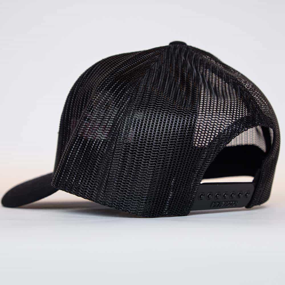Back view of Uncle Nicky’s Black Trucker Hat with mesh paneling and snapback closure