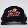Front view of Uncle Nicky’s Black Trucker Hat with embroidered logo