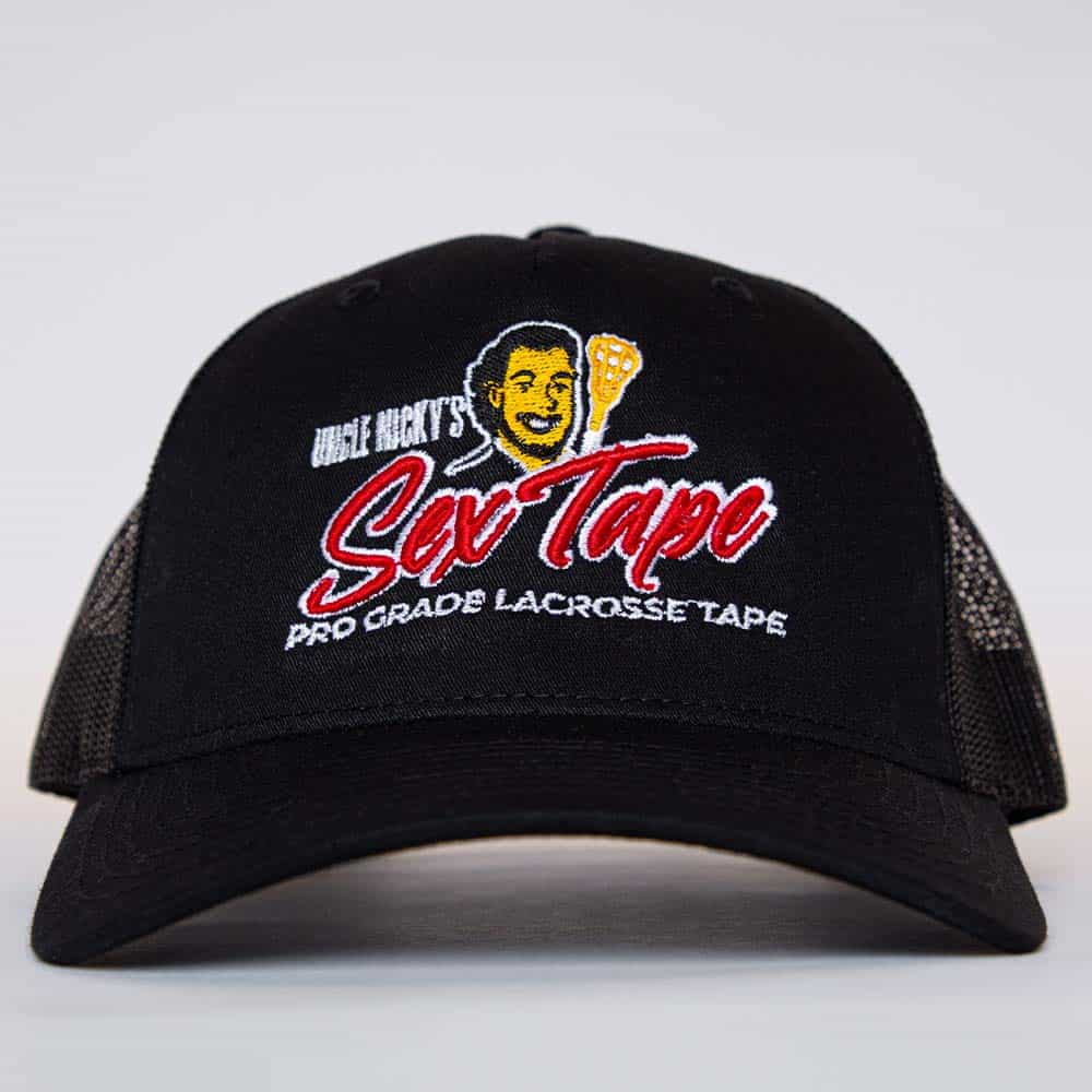 Front view of Uncle Nicky’s Black Trucker Hat with embroidered logo