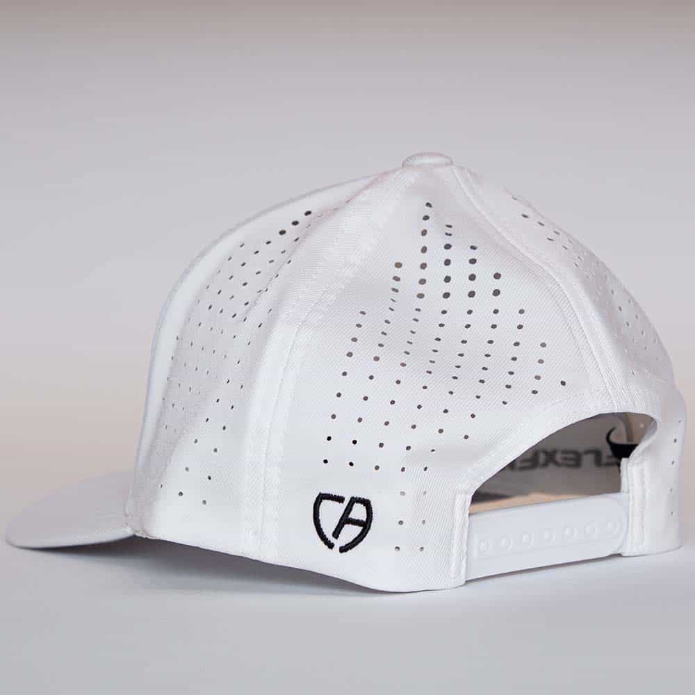 Back view of white performance lacrosse hat with CA logo and perforated panels