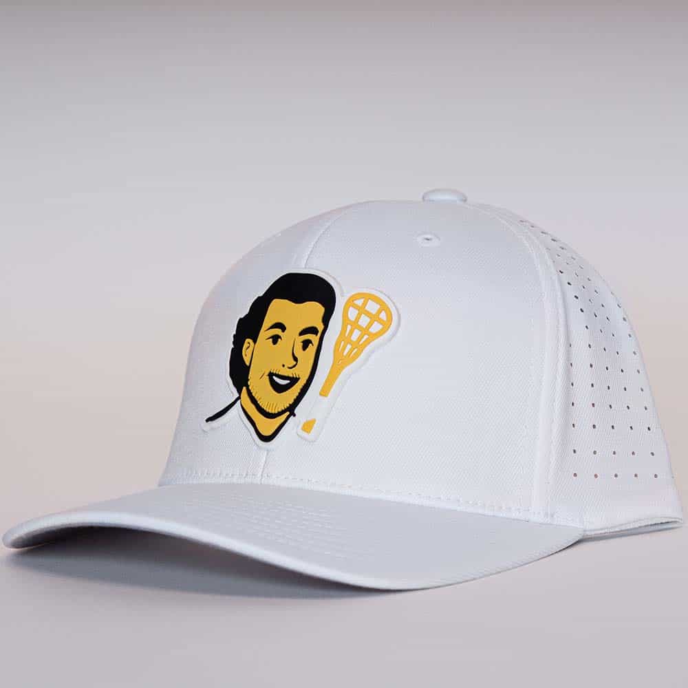 Front view of white athletic hat with Uncle Nicky lacrosse head logo