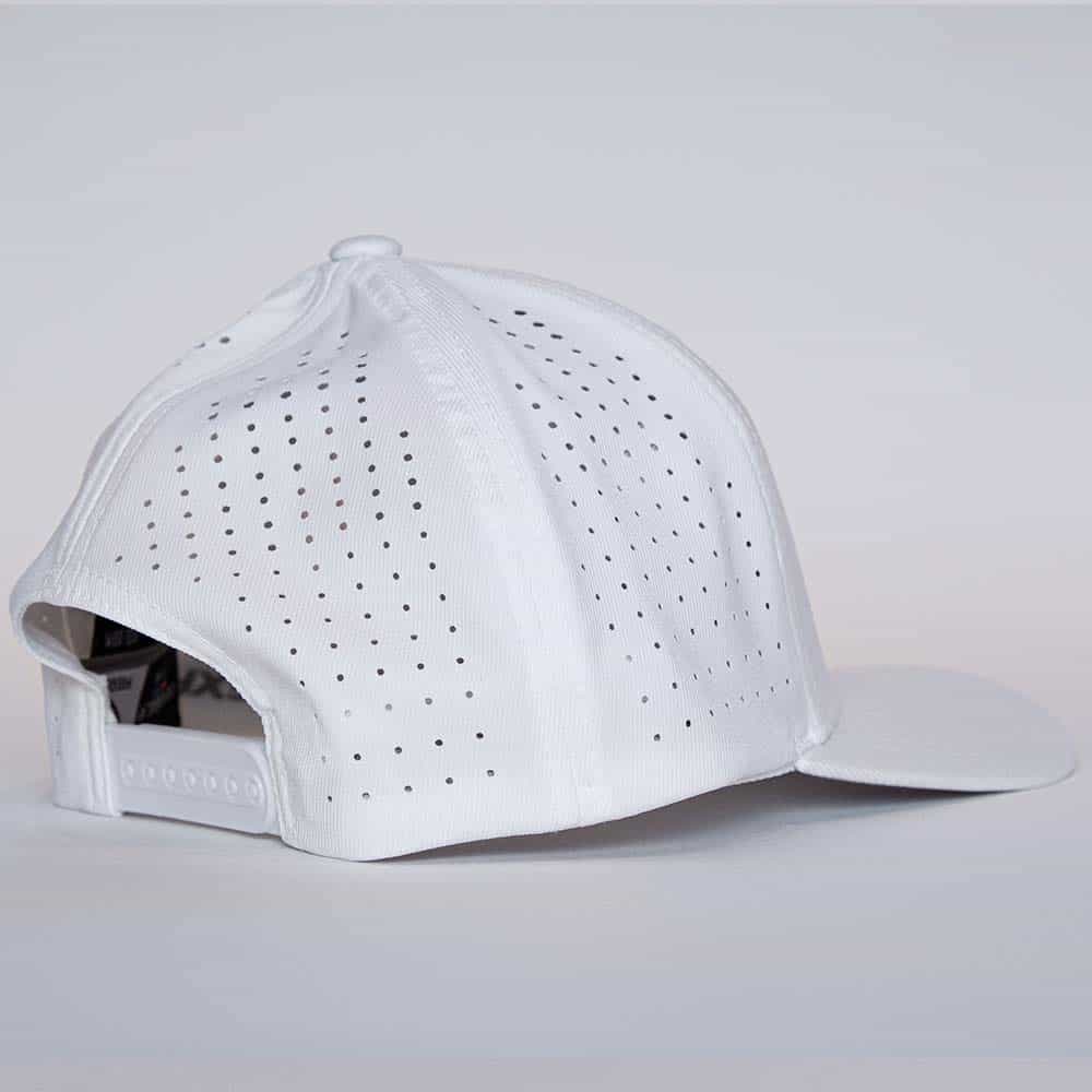 Back view of Uncle Nicky’s white performance hat with perforated panels and adjustable snapback