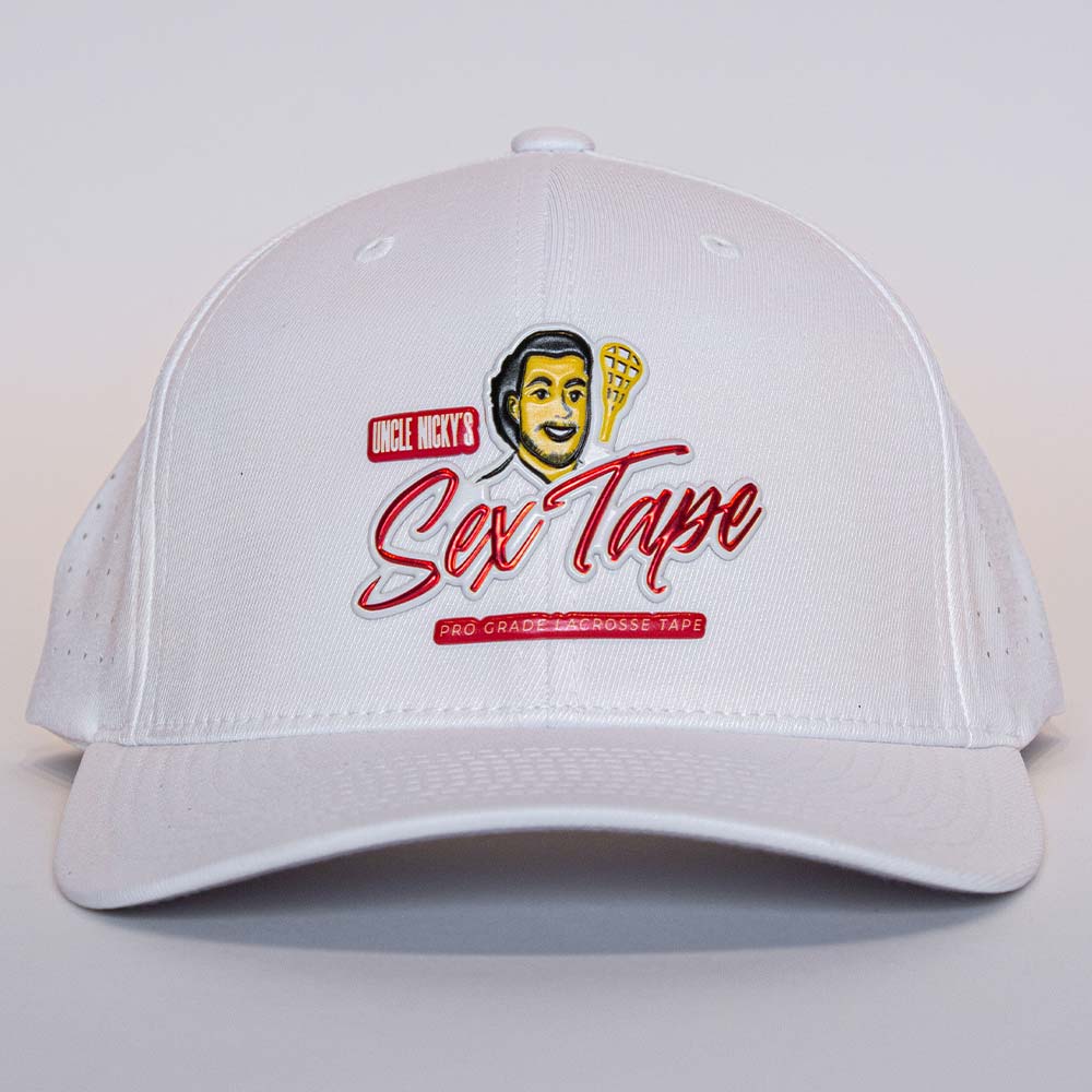 Front view of Uncle Nicky’s white hat with bold “Sex Tape” embroidered logo