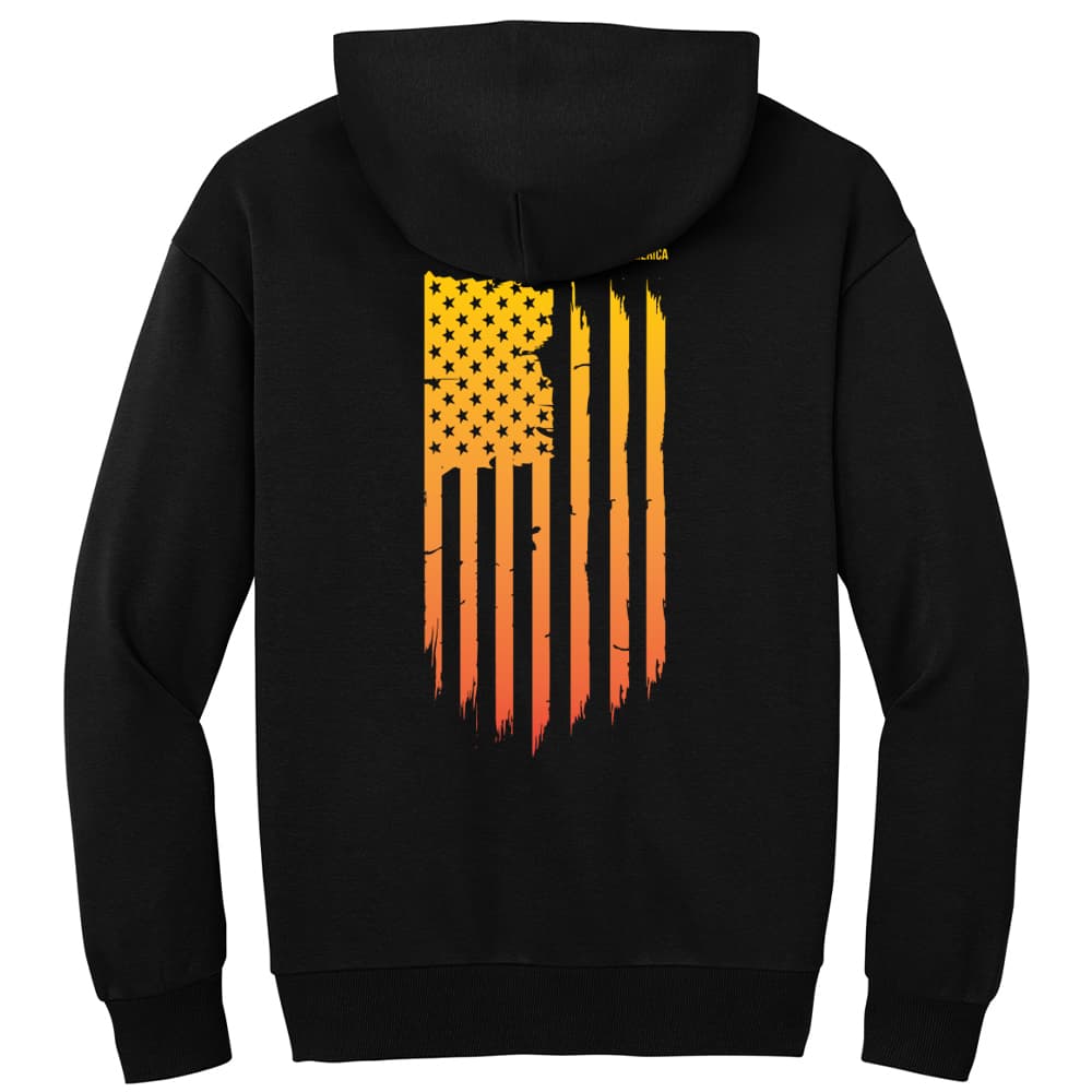 Black Uncle Nicky's Sex Tape pullover hoodie with distressed yellow-to-red sunset American flag graphic on the back