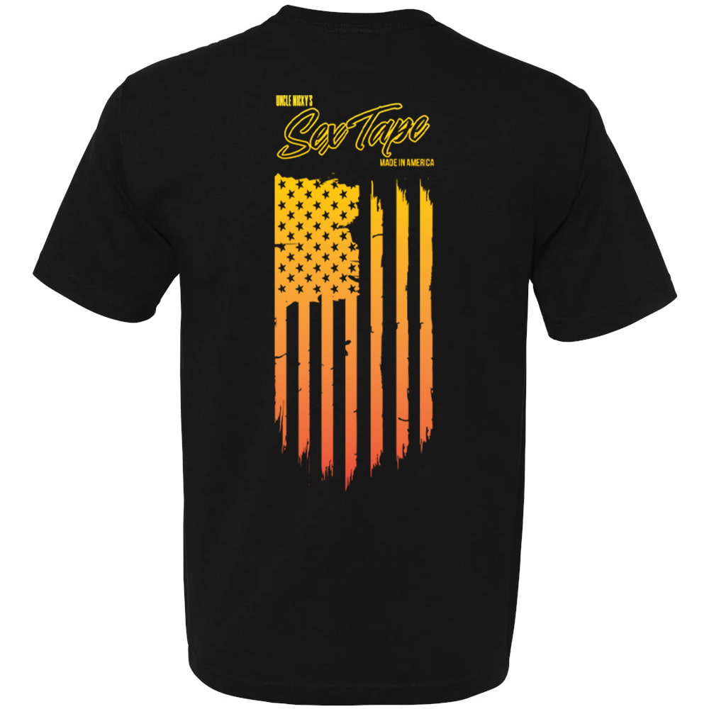 Black Uncle Nicky's Sex Tape t-shirt with distressed sunset-gradient American flag graphic on back, Made in America
