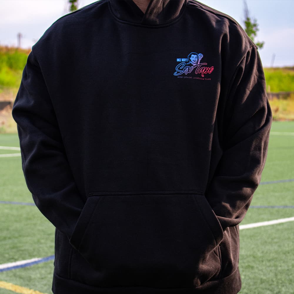 Front of black Uncle Nicky's Sex Tape hoodie with blue and pink chest logo and kangaroo pocket