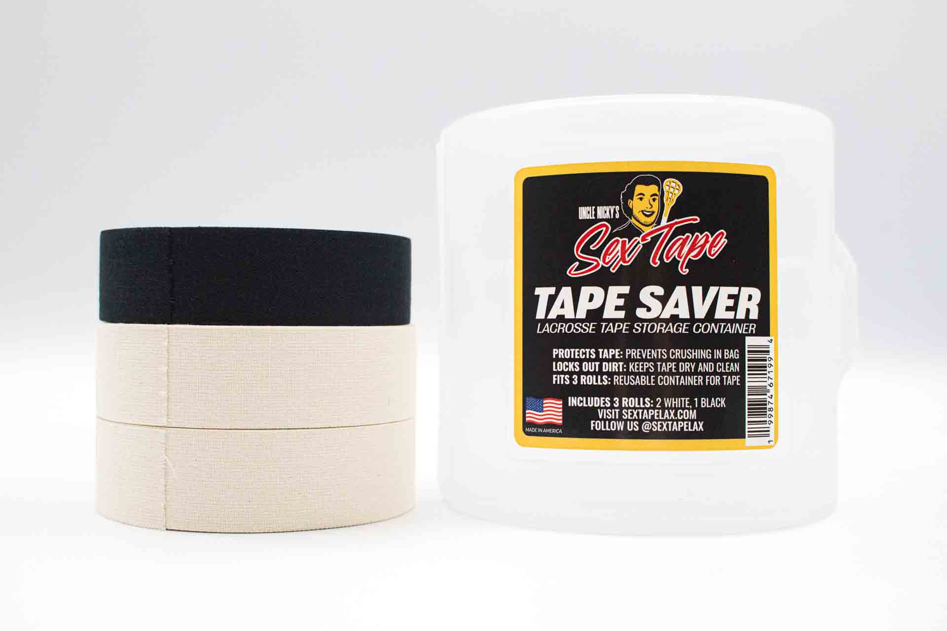 Uncle Nicky's Sex Tape Tape Saver storage container beside three rolls of lacrosse tape, two white and one black
