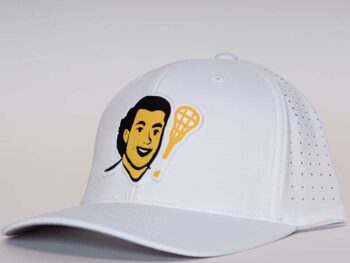 Front view of white athletic hat with Uncle Nicky lacrosse head logo