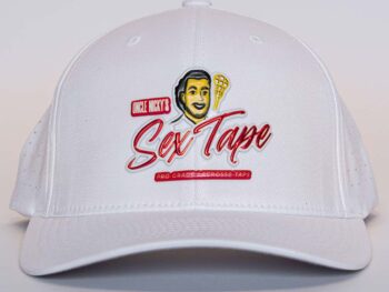 Front view of Uncle Nicky’s white hat with bold “Sex Tape” embroidered logo